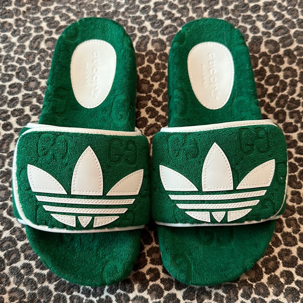 Green adidas slides sandal